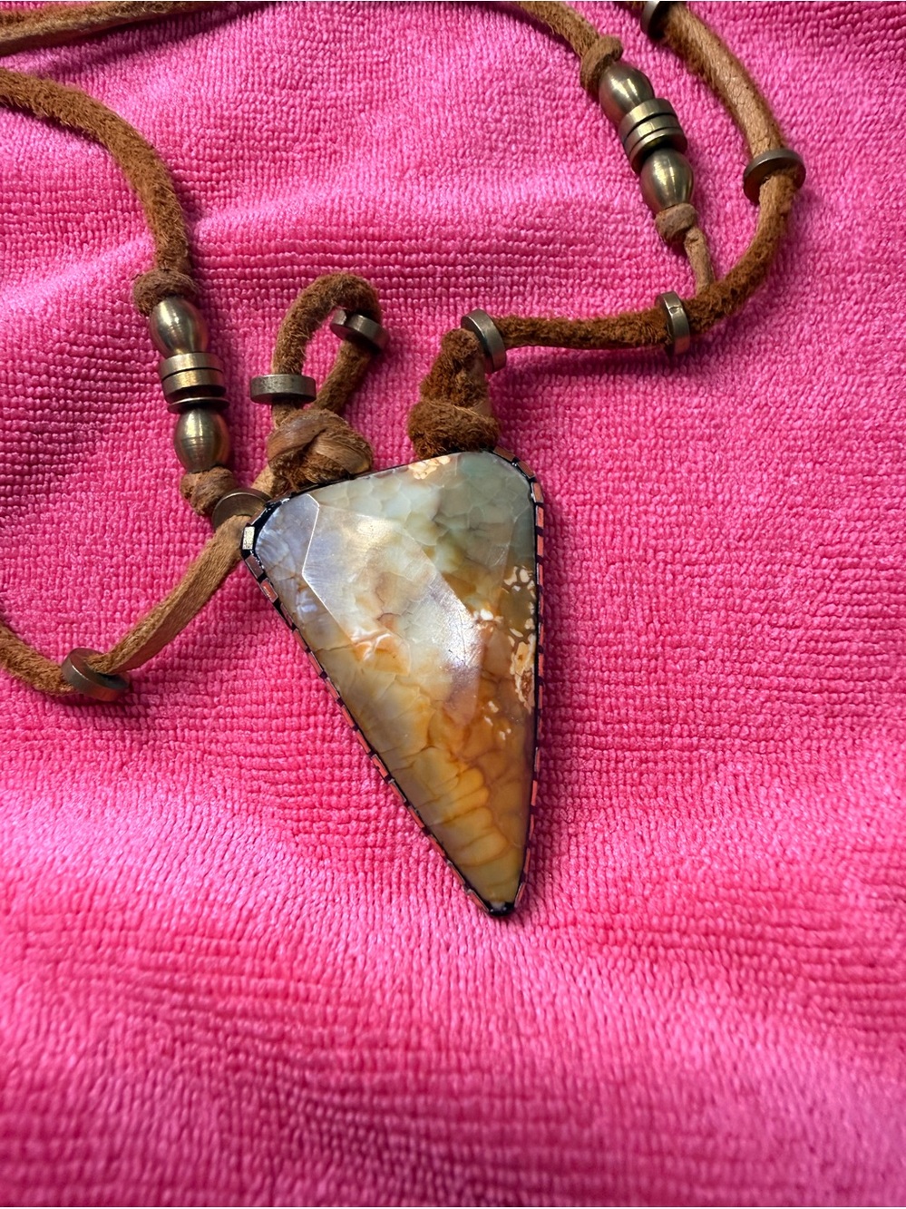 Natural Agate Triangle Pendant Necklace in Real Brown Leather